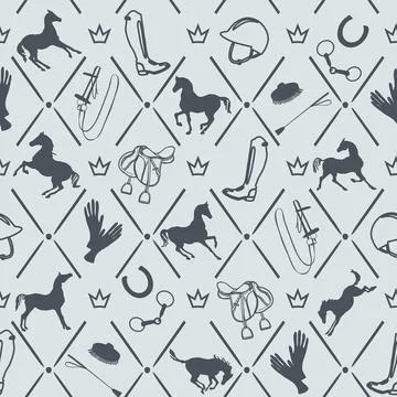 Equestrian art rhombus seamless pattern. Horse silhouette, bridle, saddle Stock Illustration