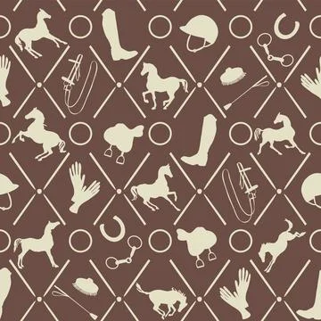 Equestrian art rhombus seamless pattern. Horse silhouette, bridle, saddle Stock Illustration