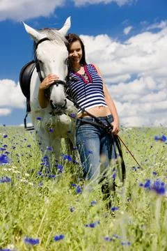 Equestrian with a horse on meadow Stock Photos