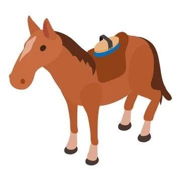 Equestrian icon isometric vector. Standing horse with saddle and grooming brush Stock Illustration