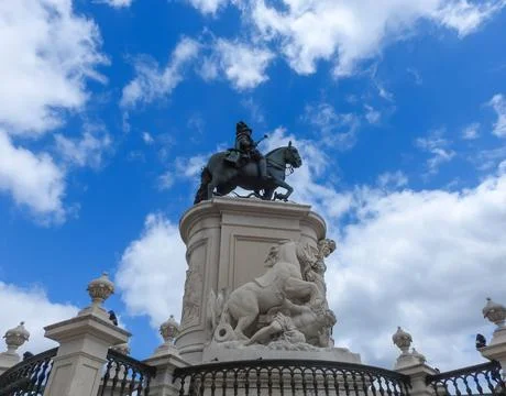 Equestrian monument at Praca do Comercio, center of Lisbon. Stock Photos