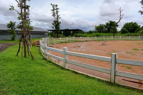 Equestrian Paddock and Red Barn at Koh Khsach Meas, Cambodia Stock Photos