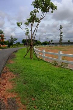 Equestrian Paddock and Red Barn at Koh Khsach Meas, Cambodia Stock Photos
