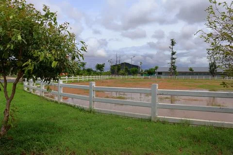Equestrian Paddock and Red Barn at Koh Khsach Meas, Cambodia Stock Photos