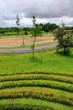 Equestrian Paddock and Red Barn at Koh Khsach Meas, Cambodia Stock Photos