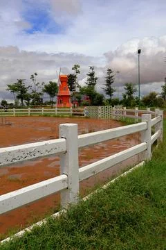Equestrian Paddock and Red Barn at Koh Khsach Meas, Cambodia Stock Photos