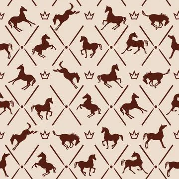 Equestrian rhombus seamless pattern. Horse silhouette in poses Stock Illustration