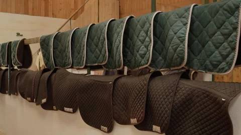 Equestrian saddle pads hanging on storage racks inside a professional stable Stock Footage 337323333
