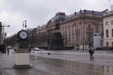 Equestrian statue and State Library in Unter den Linden boulevard, Berlin Stock Photos