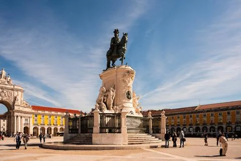 Equestrian Statue at Comercio Square, Lisbon Stock Photos