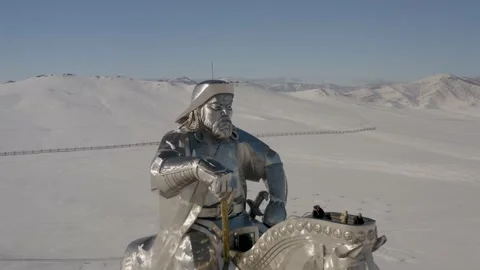 Equestrian Statue Of Genghis Khan Winter. Mongolia, Ulaanbaatar, Aerial Stock Footage 224900751