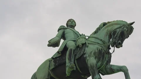 Equestrian Statue of King Karl Johan at Royal Palace Square in Oslo Stock Footage 343951048