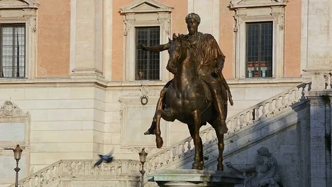 Equestrian Statue of Marcus Aurelius at Capitoline hill, Rome, Italy Stock Footage 95776664
