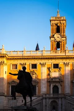 Equestrian statue of Marcus Aurelius on the Capitoline Square in Rome Stock Photos