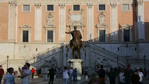 Equestrian Statue of Marcus Aurelius at Piazza del Campidoglio, Rome, Italy Stock Footage 95774740