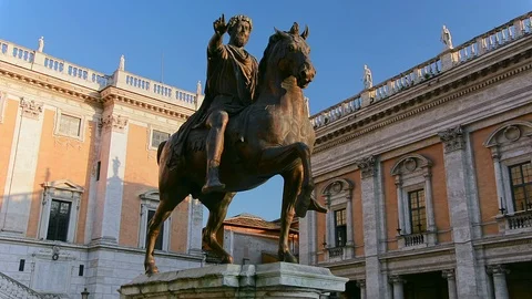 Equestrian Statue of Marcus Aurelius at Piazza del Campidoglio in Rome Stock Footage 95866227