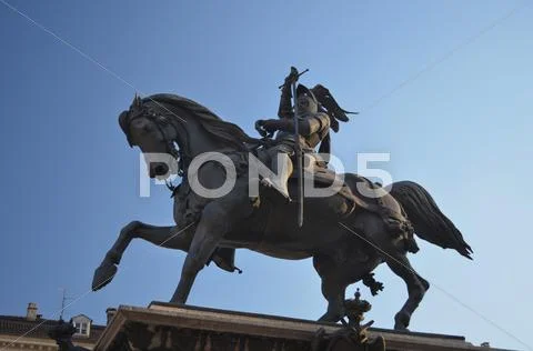 Equestrian statue in san carlo square in turin, italy Stock Photos