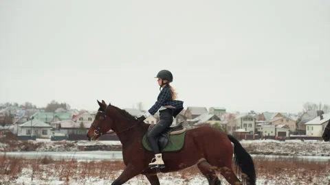 Equestrian student rides through snowy landscape. Focused female rider Stock Footage 346247884