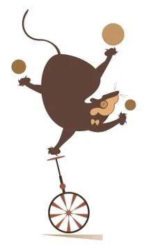 Equilibrist rat or mouse juggles the balls on the unicycle illustration Stock Illustration