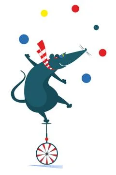 Equilibrist rat or mouse rides on the unicycle and juggles the balls Stock Illustration