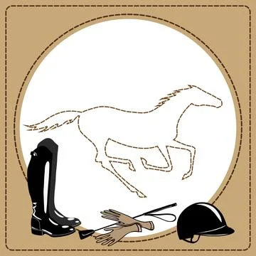 Equine riding tack tools in the leather frame and galloping horse Stock Illustration