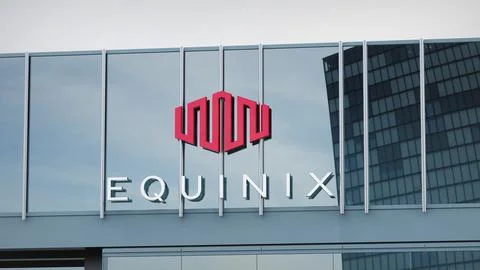 Equinix Stock data presented on the logo of the office facade editorial Stock Photos