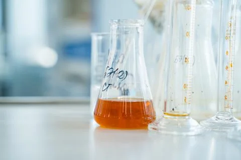 Equipment for the analysis of flasks with chemical elements, light background Stock Photos