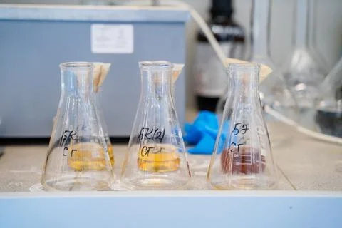 Equipment for the analysis of flasks with chemical elements, light background Stock Photos