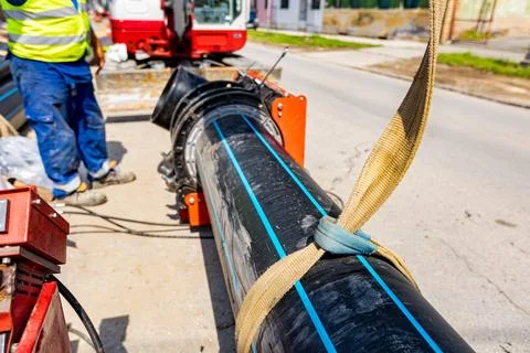 Equipment and device for butt welding polymeric HDPE water pipes Stock Photos