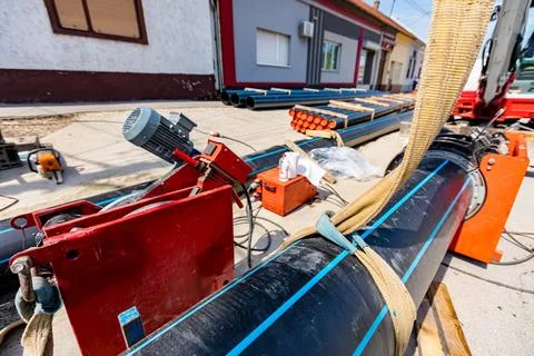 Equipment and device for butt welding polymeric HDPE water pipes Stock Photos