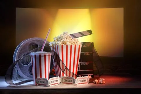 Equipment and elements of cinema and background cinema horizontal composition Stock Photos