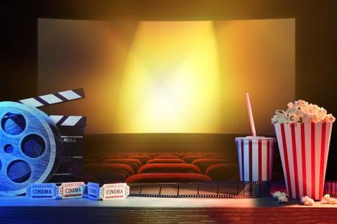 Equipment and elements of cinema with background cinema Stock Photos