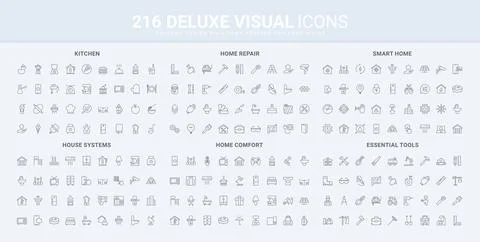 Equipment and smart system to control safety and comfort of house line icons set Stock Illustration