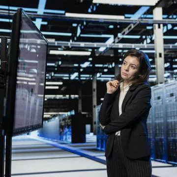 Equipment audit, benchmarks on display and system administrator in data center Stock Photos