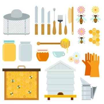 Equipment beekeeper and honeycomb vector flat material design set. Face shield Stock Illustration