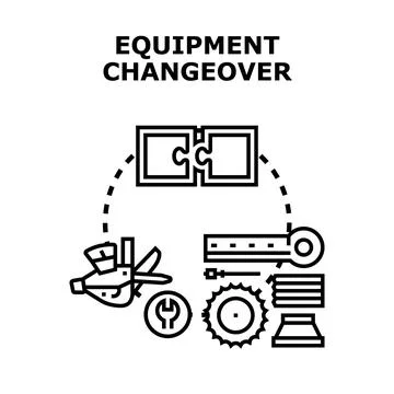 Equipment changeover process with interconnected gear parts Stock Illustration