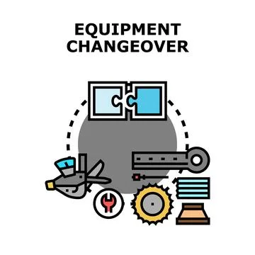 Equipment changeover process with interconnected gear parts Stock Illustration