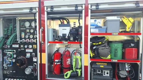 Equipment compartments inside a Toronto fire truck Stock Photos
