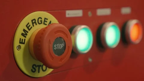 Equipment control panel with a key for turn on and emergency stop button Video stock 333416435