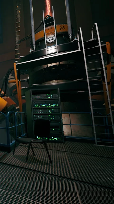 Equipment in a control room with server racks and a chair Stock Footage 335357369
