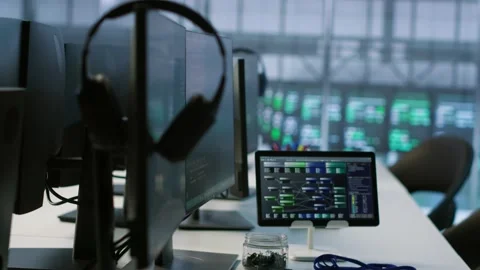 Equipment in data center workplace used for monitoring performance Stock Footage 319537064