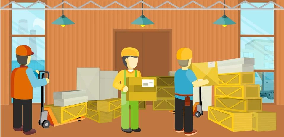 Equipment Delivery Process of Warehouse. Unloading Stock Illustration