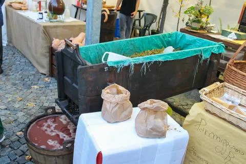 Equipment for grape processing at the fair in Spilamberto, Italy Stock Photos