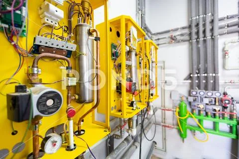 Equipment of heat boiler station with copper valves, stainless ball valves Stock Photos