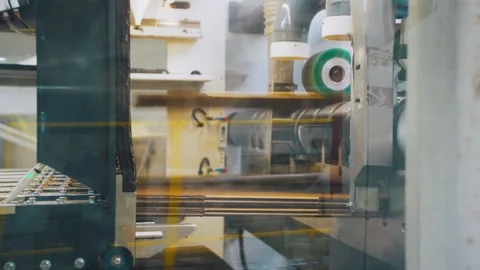 Equipment, machine producing cardboard boxes, packaging factory. Pattern, cut Stock Footage 300857725