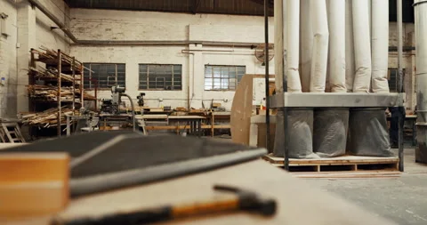 Equipment, machinery and material in carpentry factory for manufacturing or Stock Footage 340614190