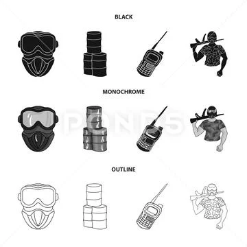 Equipment, mask, barrel, barricade .Paintball set collection icons in black Stock Illustration