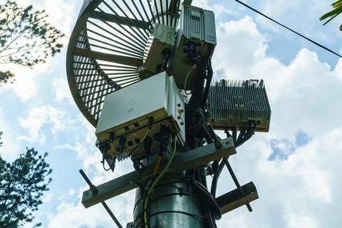Equipment for mobile communications on a pole close-up Stock Photos