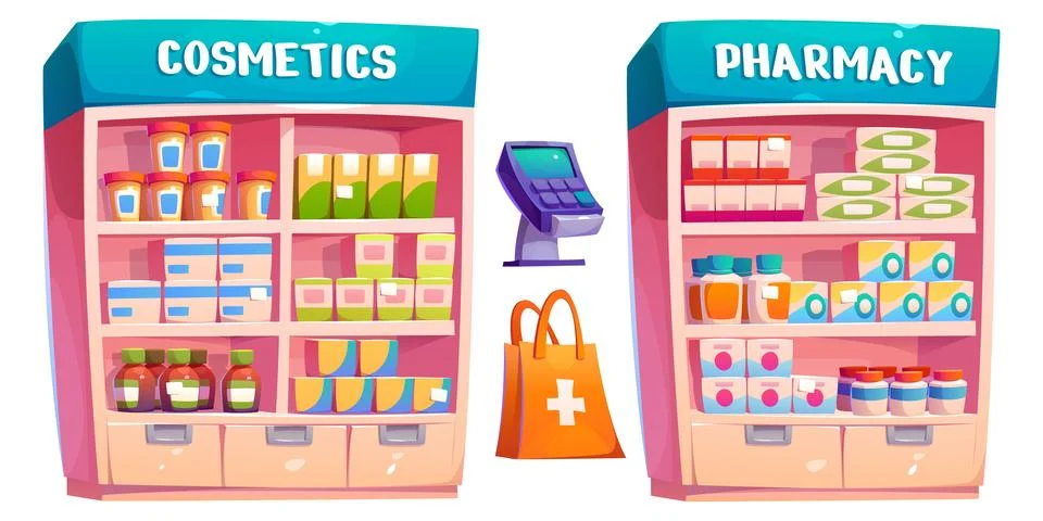 Equipment for pharmacy interior cartoon vector Stock Illustration