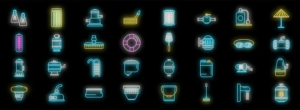 Equipment for pool icons set vector neon Stock Illustration